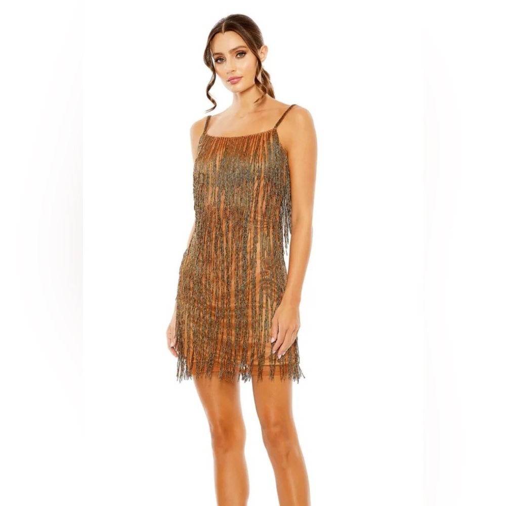 NWOT Mac Duggal 5934 Copper Brown Embellished Beaded Fringe Dress Size 12 - Picture 1 of 11